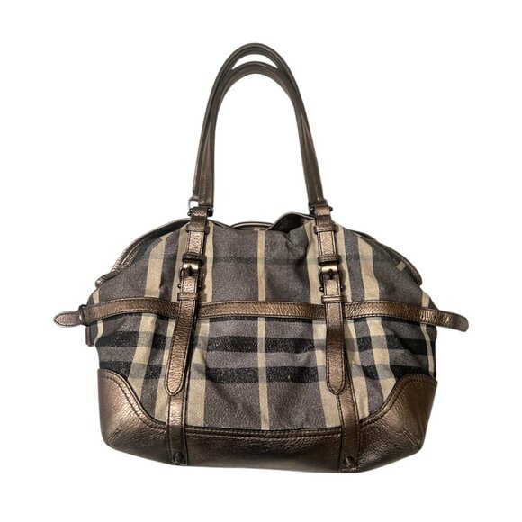 BURBERRY Metallic/Grey House Check Shimmer Fabric/ Leather Drawstring Buckle Bag - Picture 2 of 7